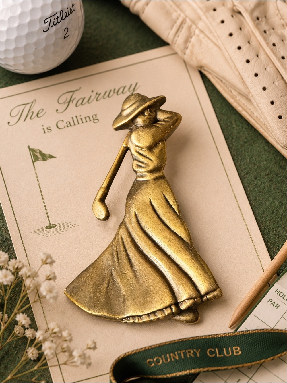 Signed FORT Vintage Lady Golfer Brooch Gold Tone Figural Pin 3”